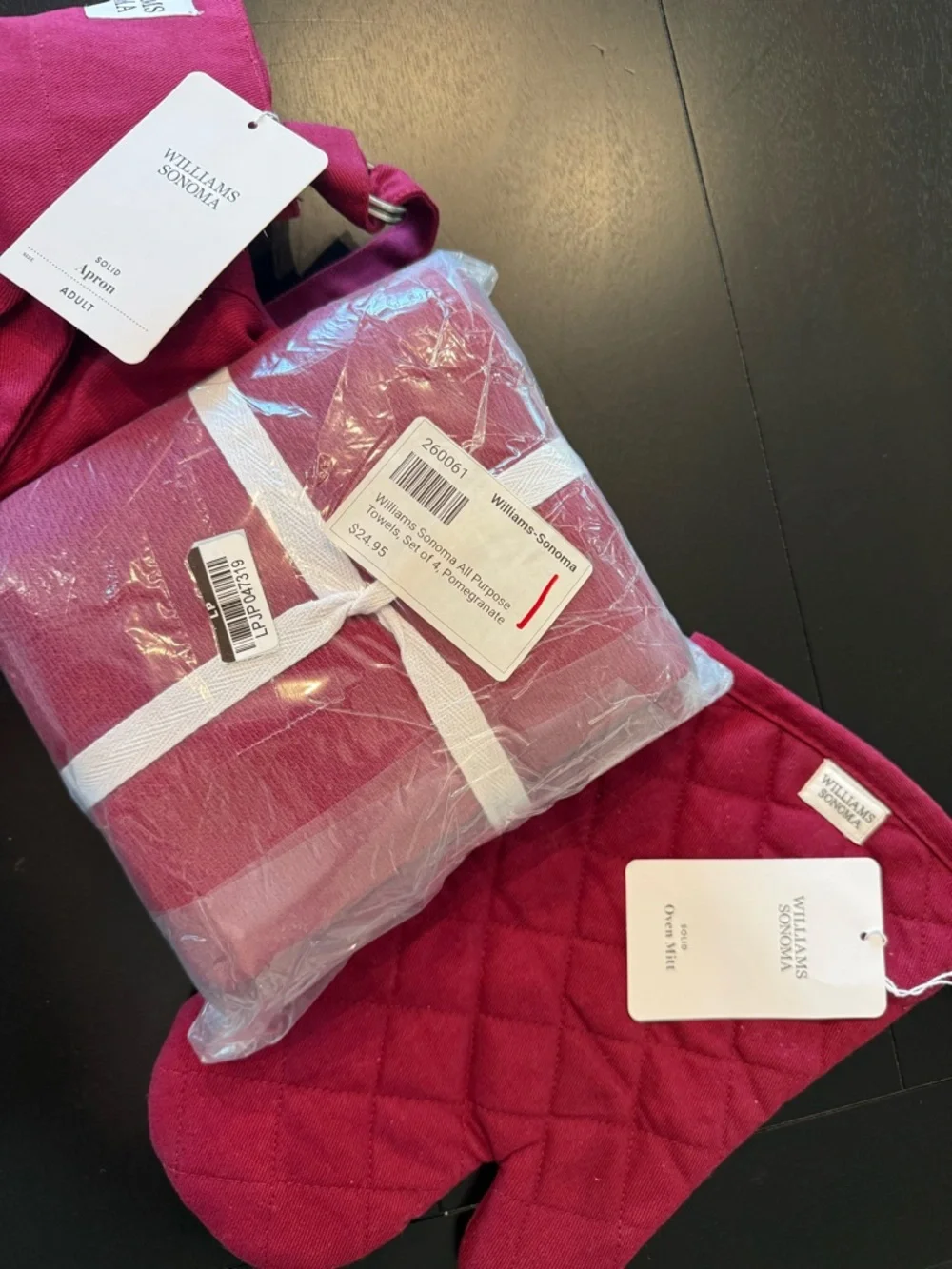 Williams Sonoma 3-Piece Kitchen‎ Bundle Pomegranate Apron Oven Mitt Towels NWT